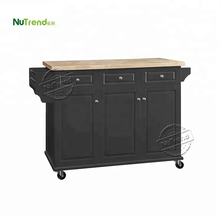 Rubber Wood Top Big Rolling Organizer Cart  3 Doors 3 Drawers Classical Kitchen Islands Movable Storage Cabinet on Wheels