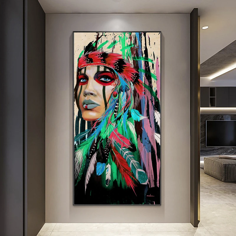 Graffiti Indians Black Woman Artwork Decor Home Living Room Bedroom Wall Art Tableau Posters Tableau Oil Canvas Paintings Prints