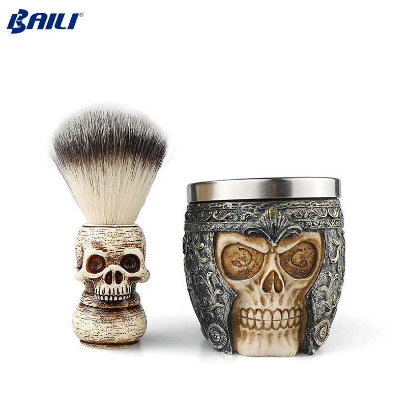 Hot Skull Beard Shaving Kit Beard Brush Skull Head Handle Badger Hair Men Shaving Brush and Armor Bowl
