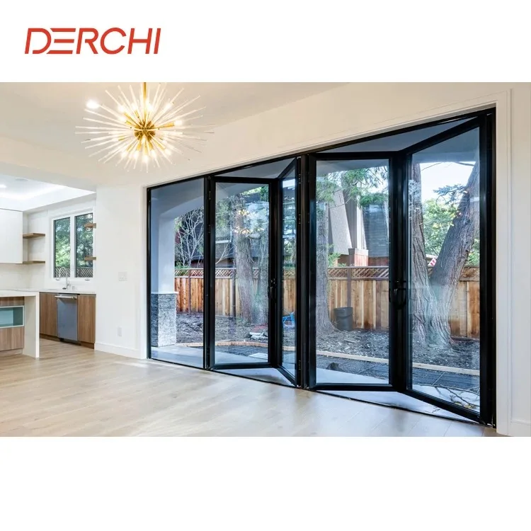 DERCHI NFRC AS2047 wholesale morden aluminum bi-fold doors custom balcony patio double glass exterior partition folding door