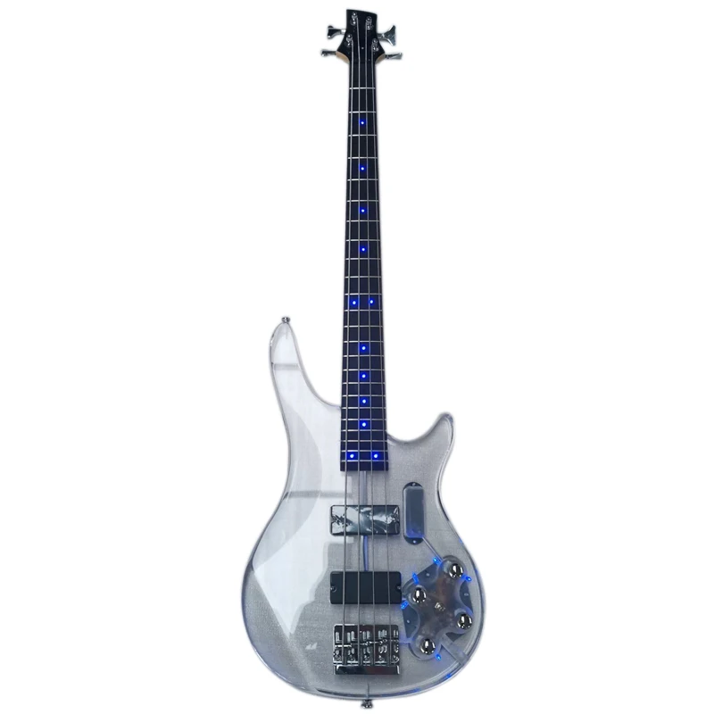 Good quality  blue light acrylic electric bass guitar oem custom made in china string instruments