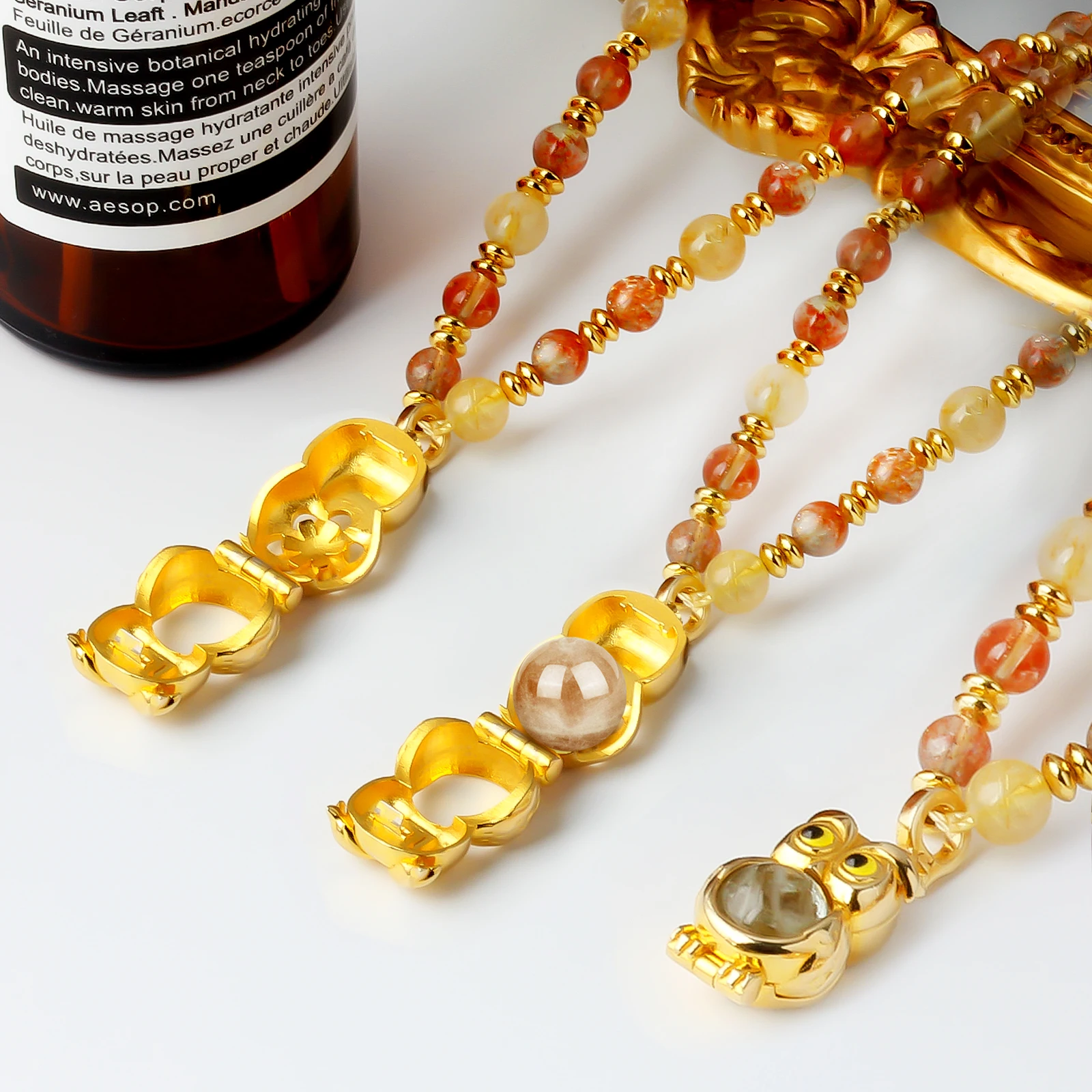 Dainty 18K Gold Plated Owl Pendant Charm Jewelry Crafted Golden Strawberry Quartz Natural Crystal Women Beaded Necklaces