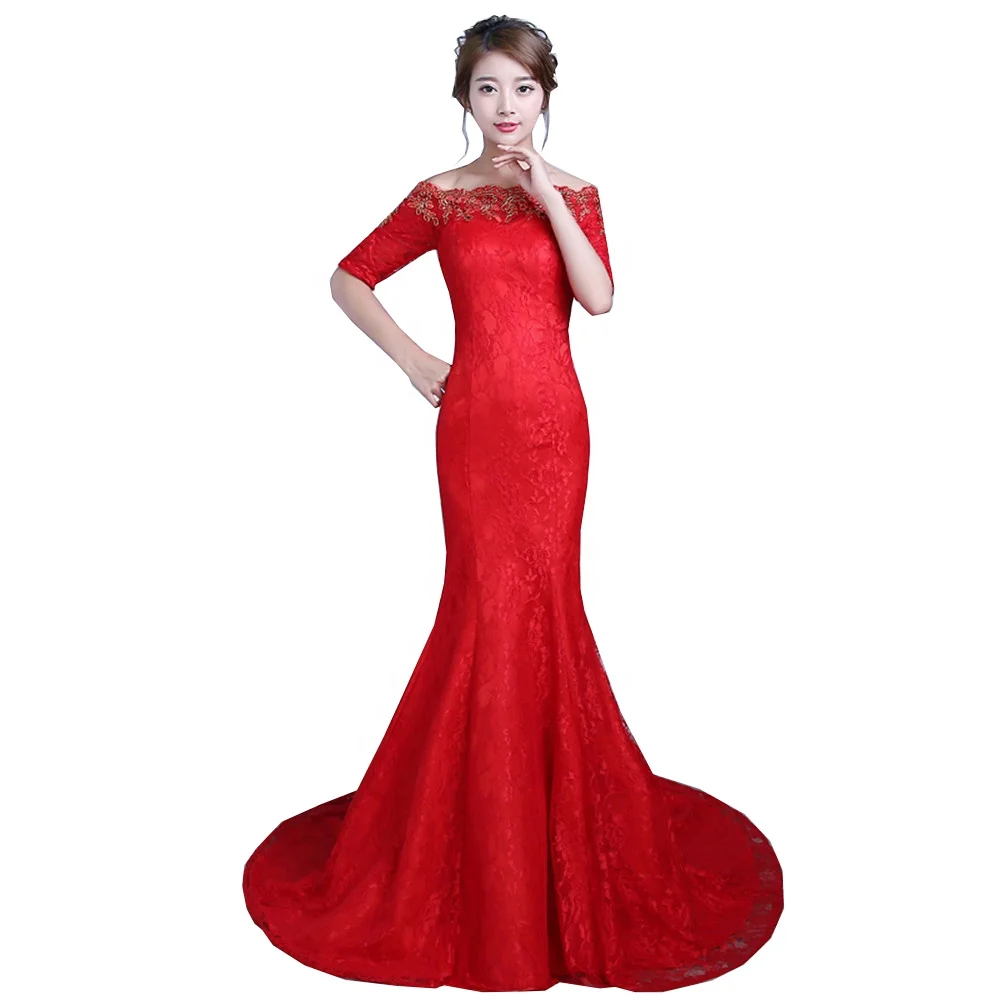 Princess Flower Mermaid Wedding Dress Vintage Boat Neck Red Trumpet Court Train Fishtail Bridal Gowns