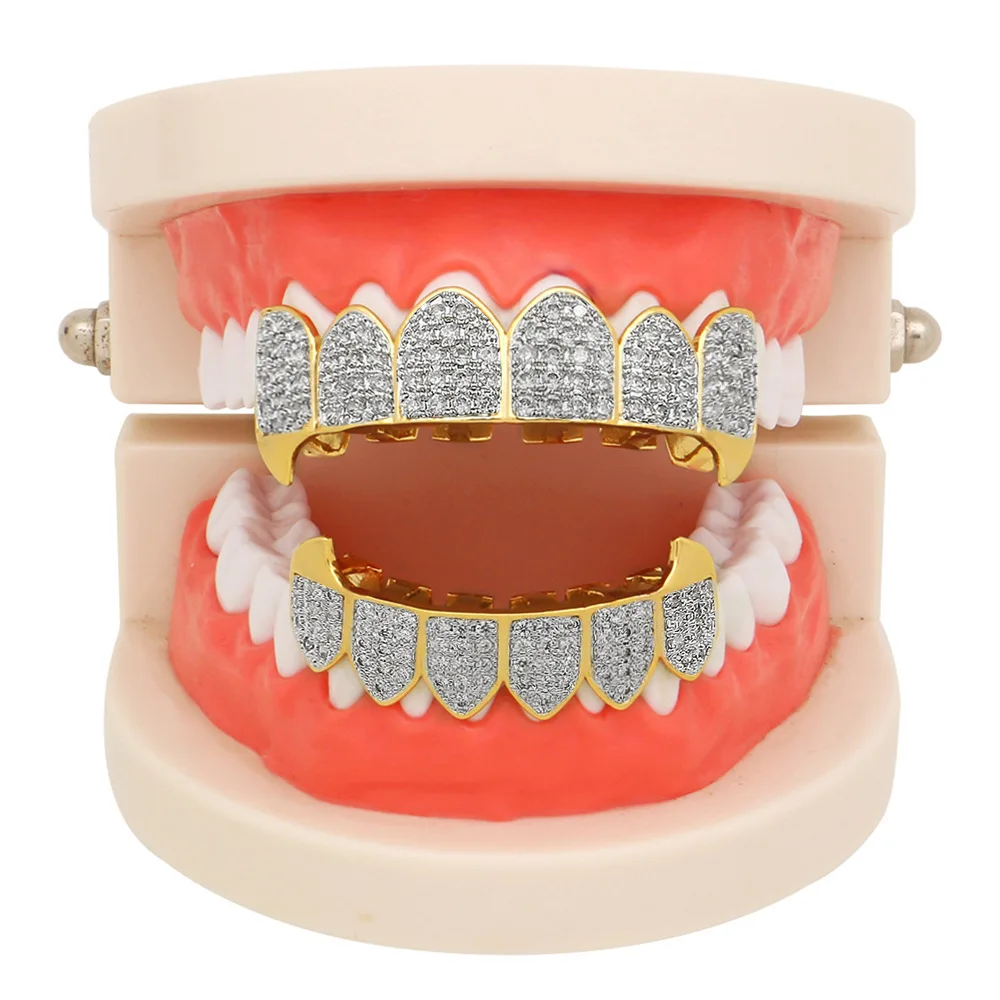 Custom 18K Real Gold Plated Micro Pave CZ Dental Grills 8 Top and 8 Bottom Iced Out Grillz Hip Hop Bling Diamond Teeth Grillz