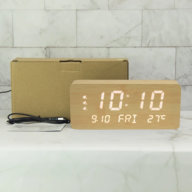 Minimalist Digital LED Alarm Clock Wooden Table Clock for Home Decor Office Use Displays Time Day Calendar Temperature