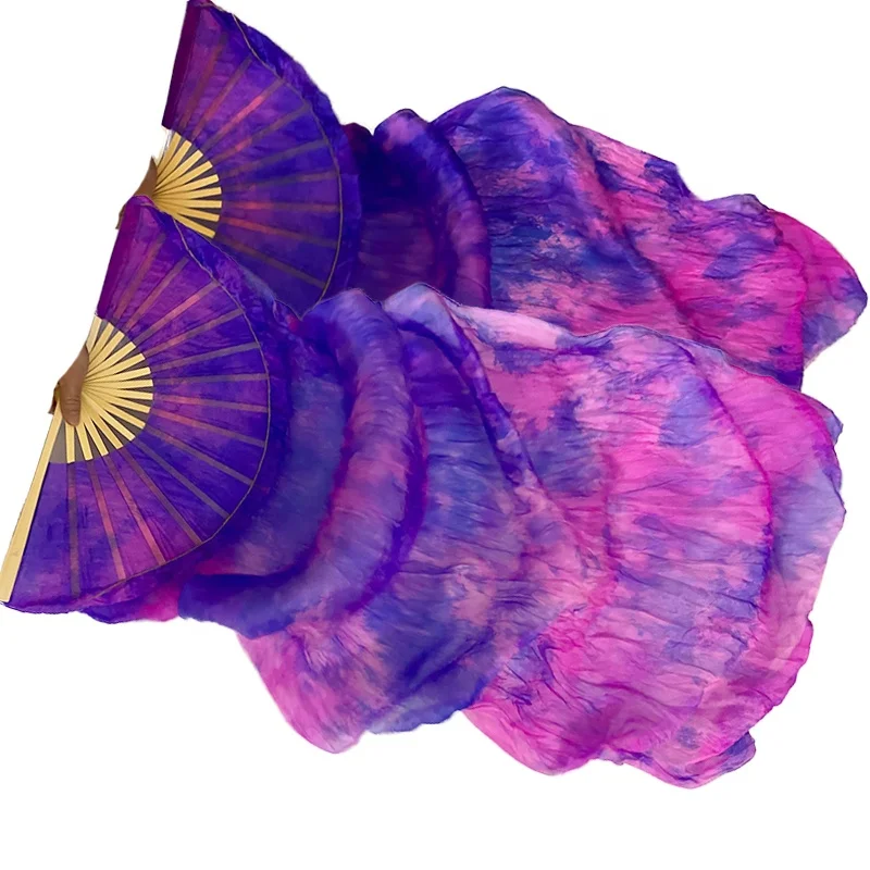 Hand Green Dyeing Charming purple series Belly Dance Long Bamboo Silk Fans