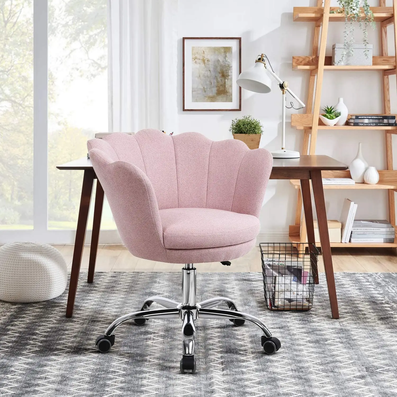 
Pink Fabric Office Chair Swivel Height Adjustable Flower Accent Chair 