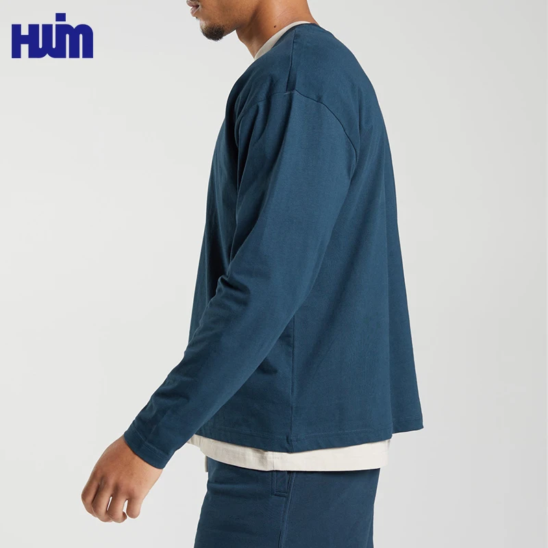 100% Cotton Heavyweight Oversized Laidback Styles Men Running Shirt Custom Logo 220G Ribbed Collar Long Sleeve Tee Shirt