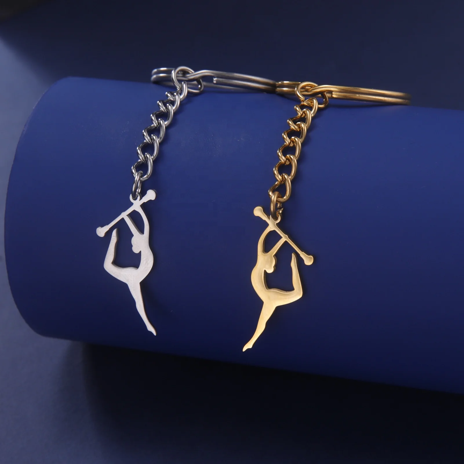 Sport Gymnastic Key Chain Stainless Steel Gold Plating Pendant Car Bag Key Ring For Women Men Athlete Friends Gift