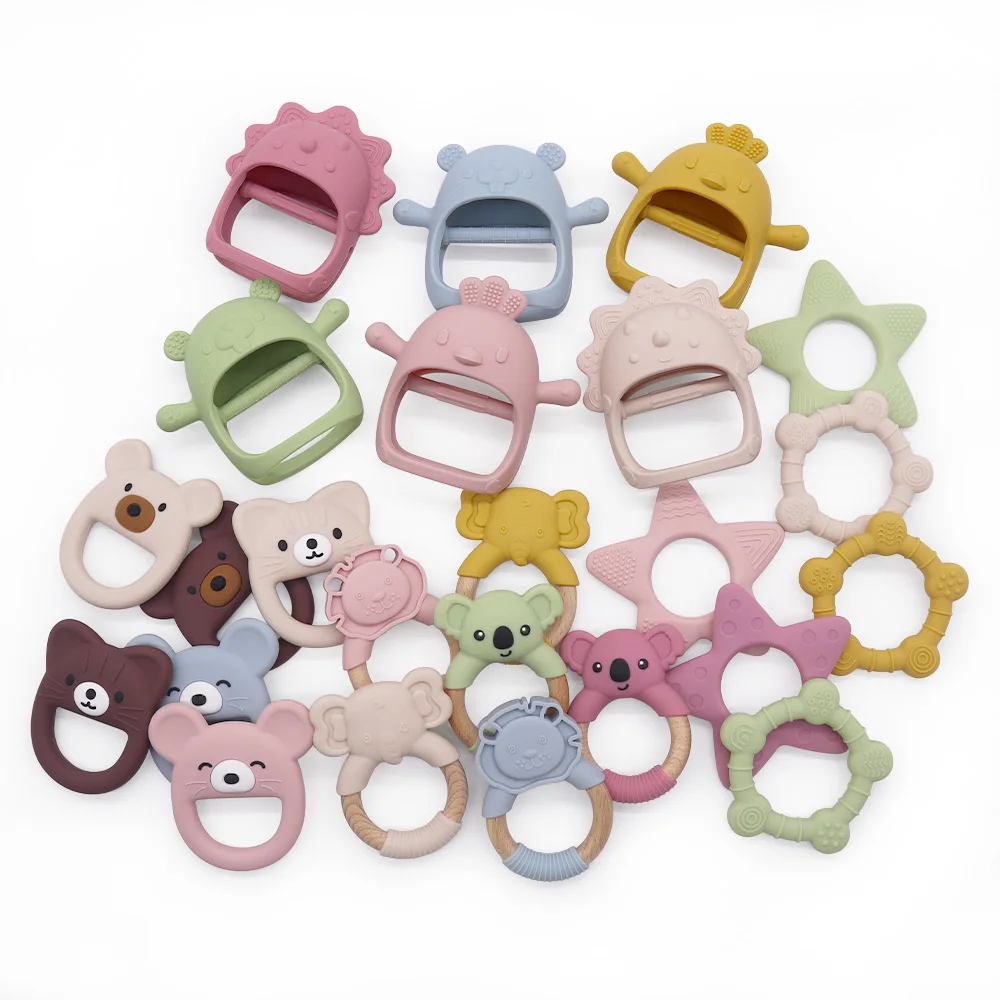 2023 Hot Melikey Wholesale Animal Wrist Glove Teether Wooden Baby Silicone Teething Ring Silicone Teethers For Babies Cartoon