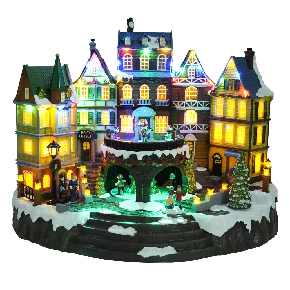 Christmas decoration desktop ornament plastic village house music box led lantern snow globe for home decor gift