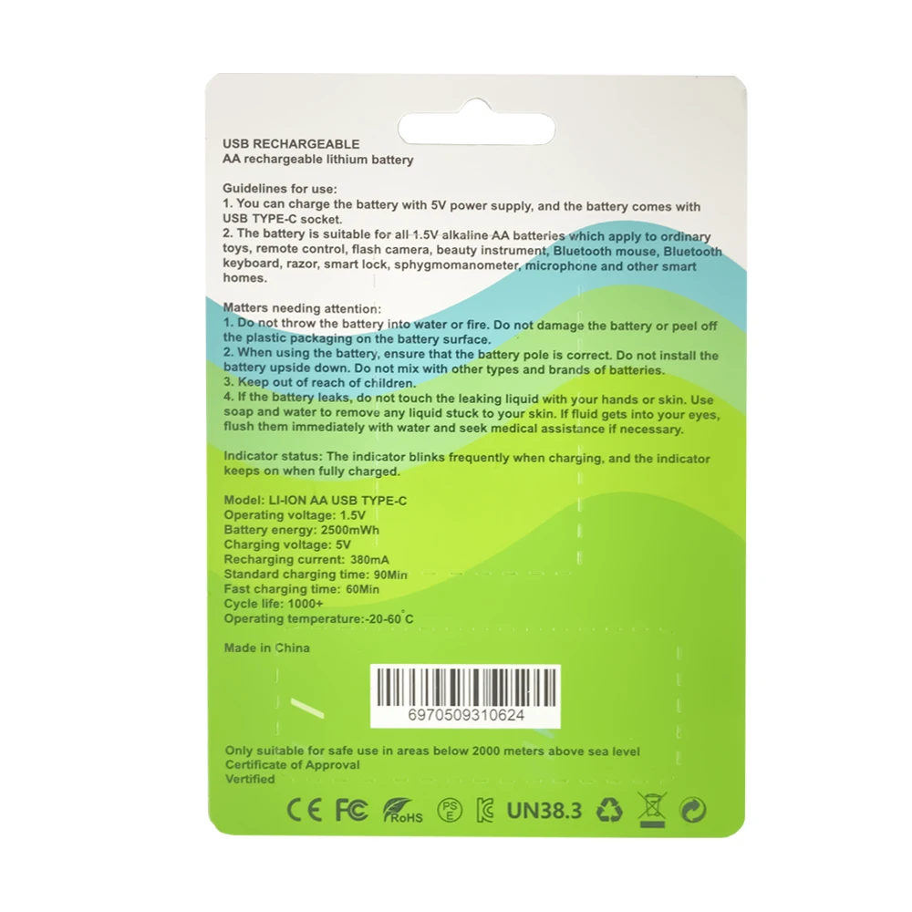2Pcs USB-C 1.5V 1400mAh Rechargeable Lithium AA akku Battery for LED flashlight/ remote control, toys
