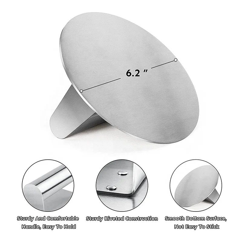 Factory Stainless Steel Burger Press, 6.2 inch Round Burger Smasher for Flat Top Griddle Grill Cooking