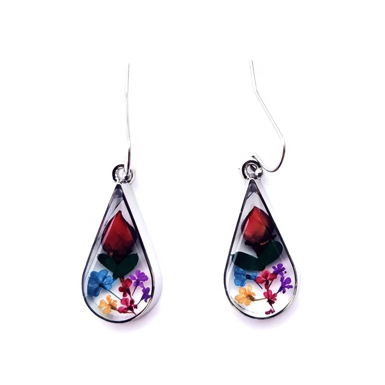 Fashion Bauble Star Pressed Flower Teardrop Earrings Real Dry Flower Drop Dangling Pendant Earrings