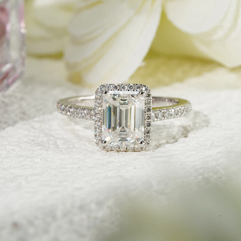 Starsgem S925 стерлингового серебра 2.0ct Изумрудного кроя DEF VVS Moissanite Halo стиль обручальные кольца
