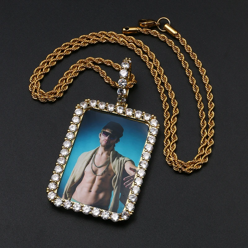 Wholesale Picture Necklace 45mm Gold Plated Brass AAAAA CZ Diamond Iced Out Rectangle Custom Photo Pendant Memory Jewelry