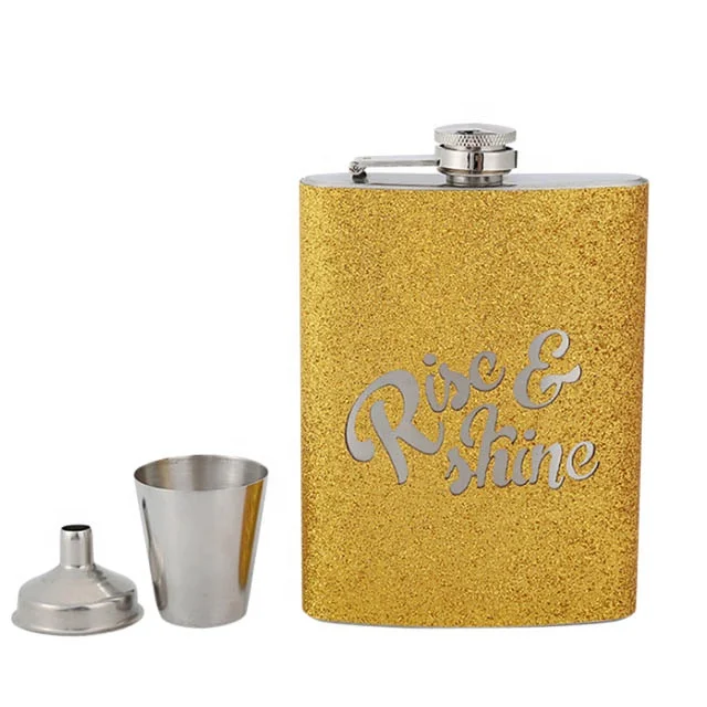 7oz stainless steel pink leather pouch glitter hip flask
