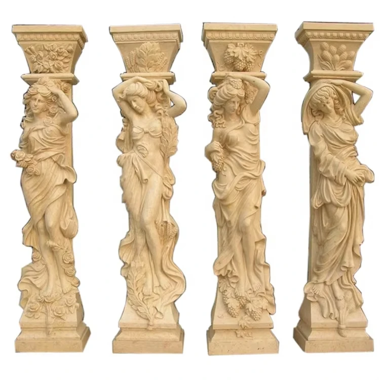 Outdoor Ldeal Arts Decorative Marble Pillars And Columns With Woman Statue Marble Woman Column