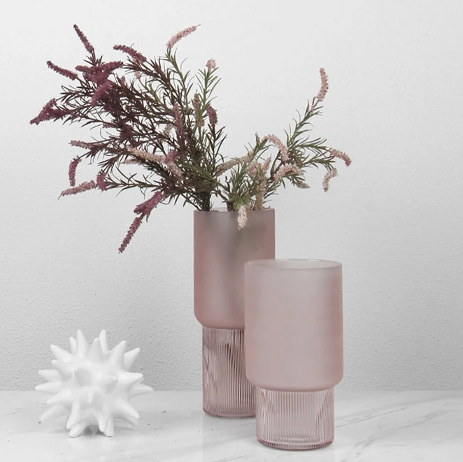 Cylindrical nordic glass vase tall clear decorative vase able top matte pink vase