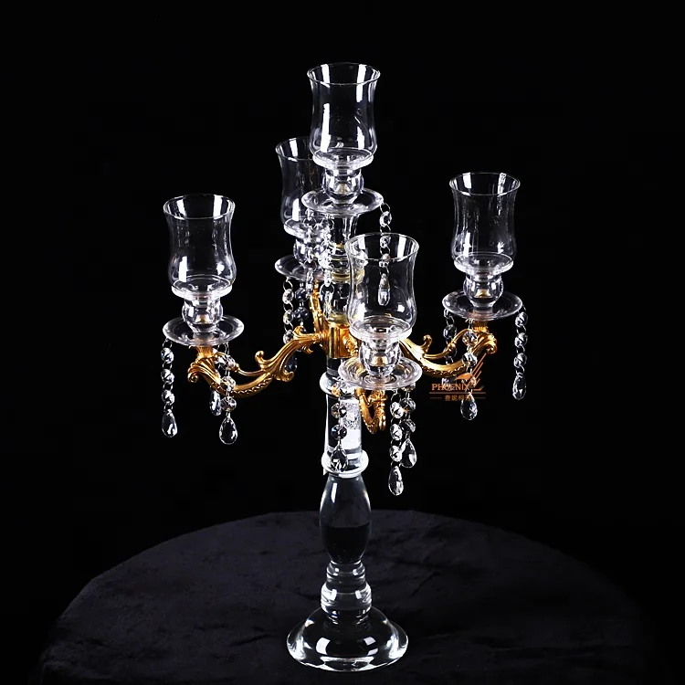 Wholesale classic metal gold arms crystal candle holders glass candelabra 5 lights with chimney for event table decorations