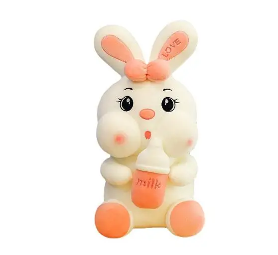 pink Big Eyes Bunny with Milk Bottle Stuffed Toy Custom Cute Plush Pillow