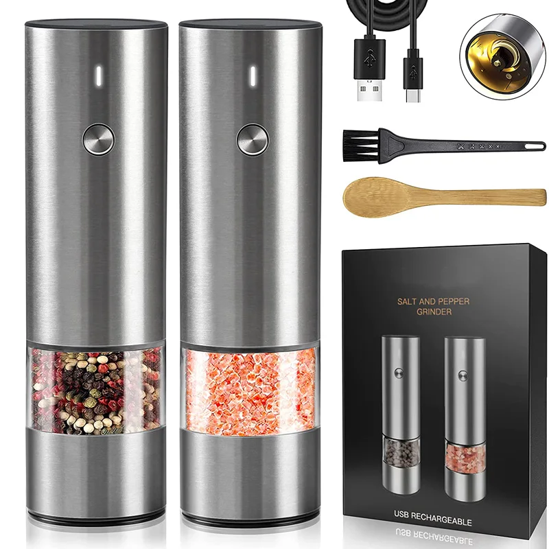 Gravity Electric Salt And Pepper Grinder Set Automatic Stainless Steel  Electric Salt And Pepper Mill One Hand Operation