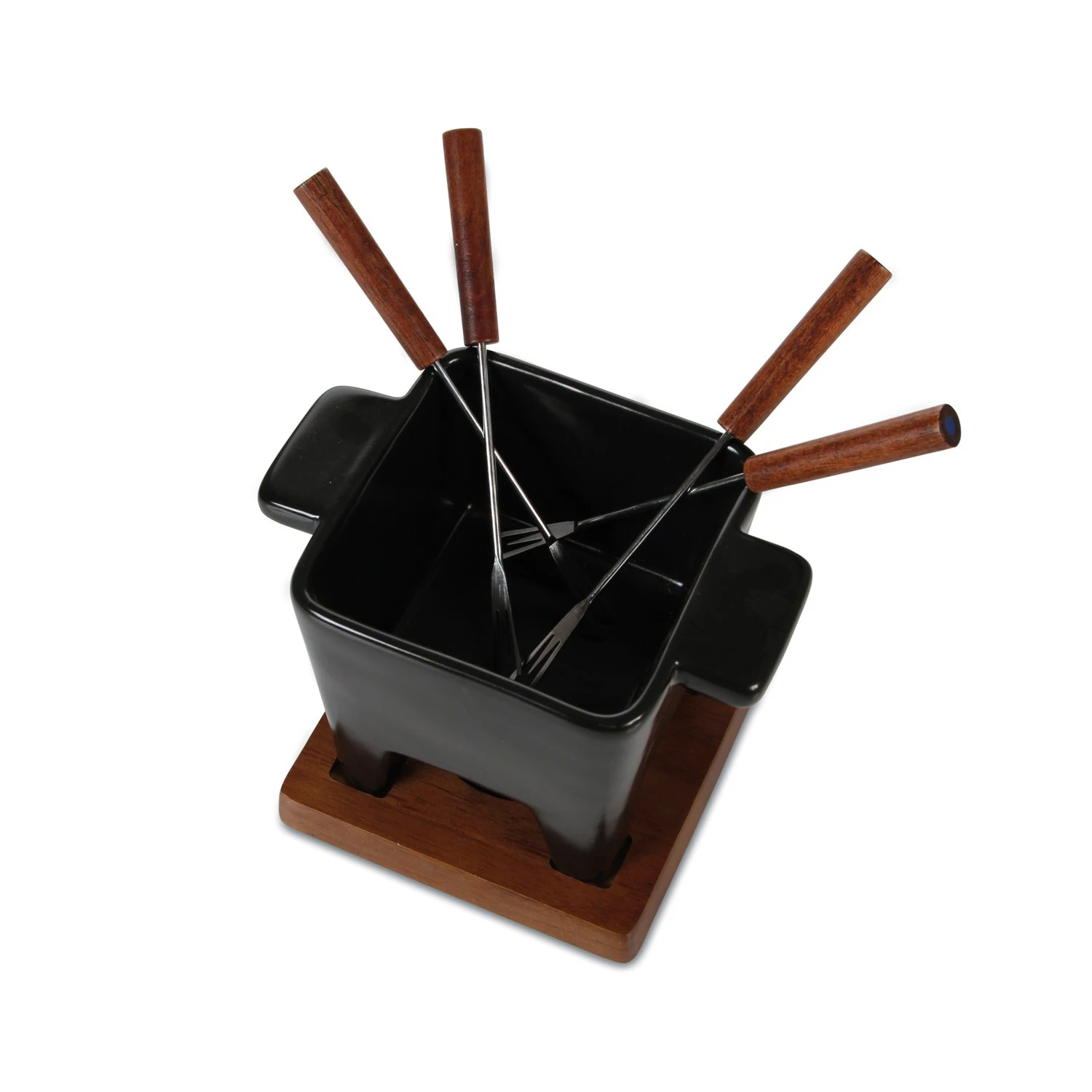 Four Feet Square Cheese Fondue Pot with Wooden Stand