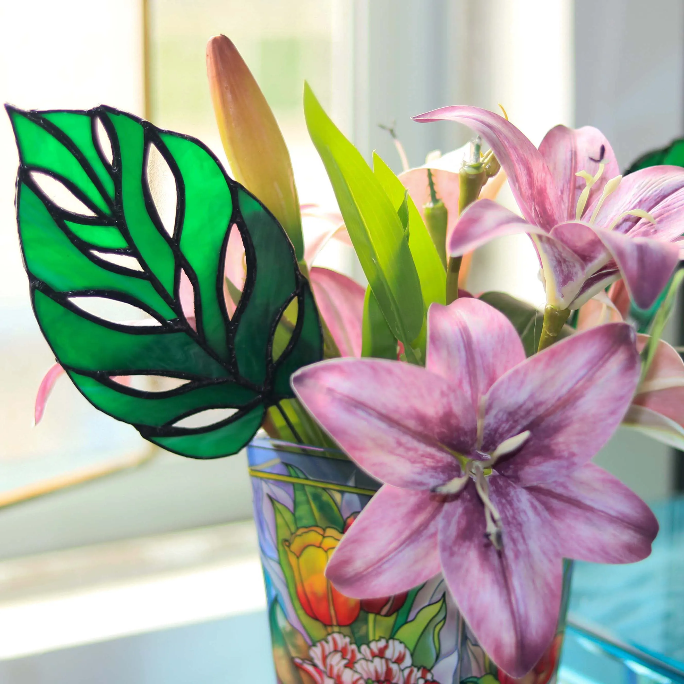 Monstera Leaves Stained Glass Home Table Desk Plant Decor Garden Plant Window Wall Art Mothers Gift Window Cling