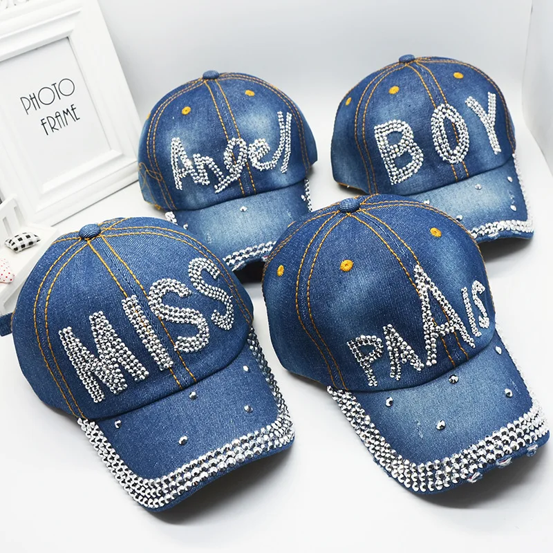 Women Distressed Denim Baseball Cap Rhinestone Jeans Bejeweled Crown Sparkle Bling Hat