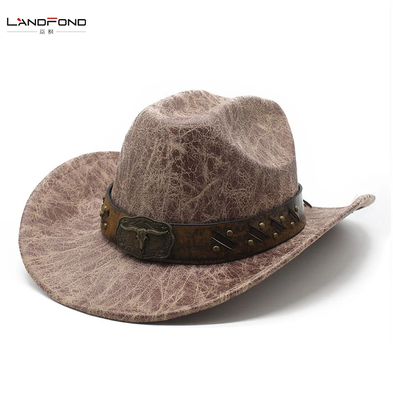 Landfond accessory suede cowboy hats for men and women vintage pu trim outdoor sunshade jazz  fedora hat