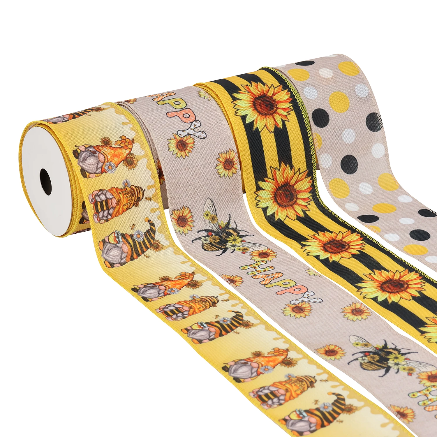 2.5 Inch Spring Summer Animals Ribbon Yellow Stripe Gingham Dot Honey Bee Wired Edge Ribbon For Wrapping Bows Gift Ornaments