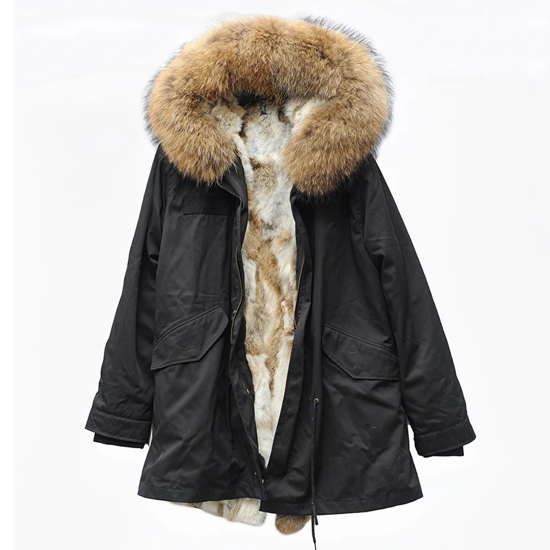 CX-G-P-14B Custom Service Pink Rabbit Fur Lined Parka Coat Women Jacket with Raccoon Fur Collar