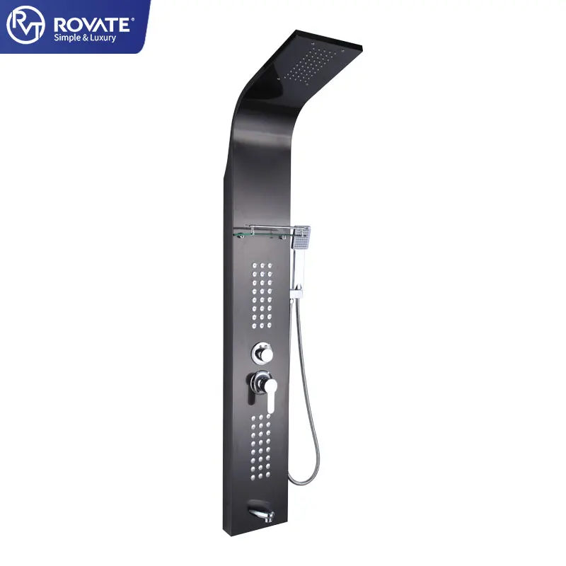 ROVATE Matt black shower panel bathroom waterfall stainless steel shower wall panel column Tower wall mounted rainfall set