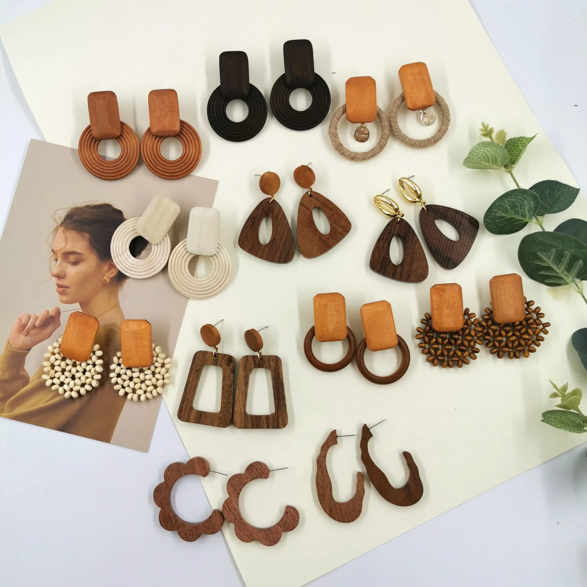 Wholesale Boho Geometric Chunky Wooden Hoop Earrings Fashion Wood Vintage Splicing  Blank Drop Earrings For Women Jewelry