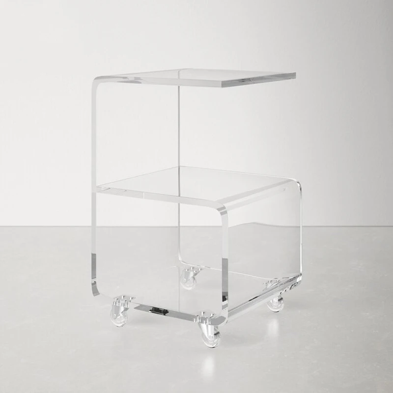 Modern Simple G Shaped Clear Furniture Acrylic Sofa Side Coffee Table on Wheel