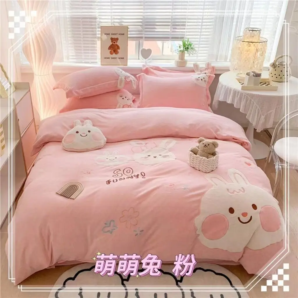 4pcs Kids Polyester Flannel Bedding Set Cute Cartoon Thicken Duvet Cover Quilted King/Queen/Twin Soft Linen Animal Bedroom