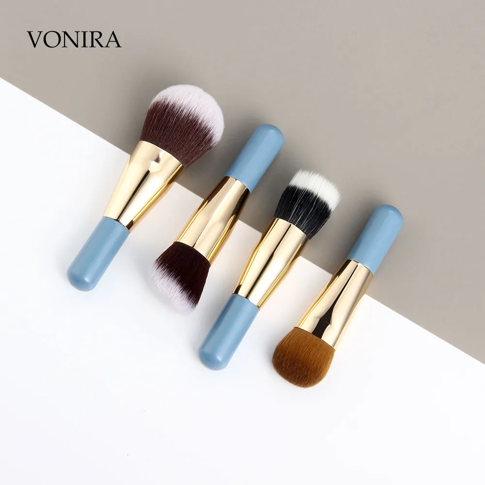 Vonira Beauty Professional Matte Blue Handle Golden Ferrule Makeup Brushes Set 9PCS Synthetic Short Cosmetic Brushes Gift Kit