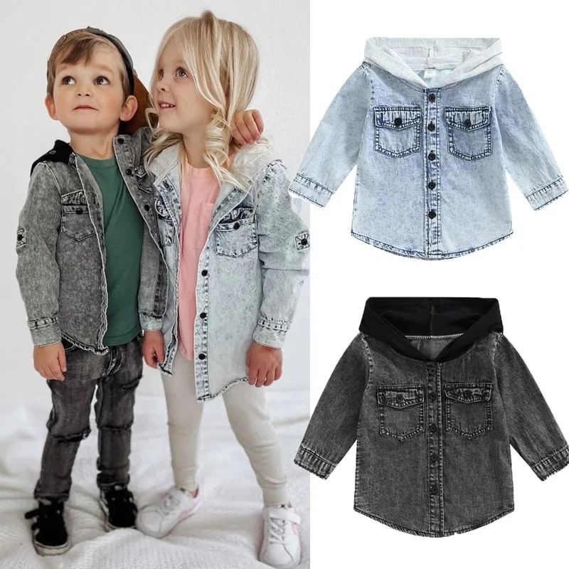 Conyson Spring Kids Girls Casual Denim Coat Casual Clothes Long Sleeve Button Hoodies Children Boys Patchwork Jacket
