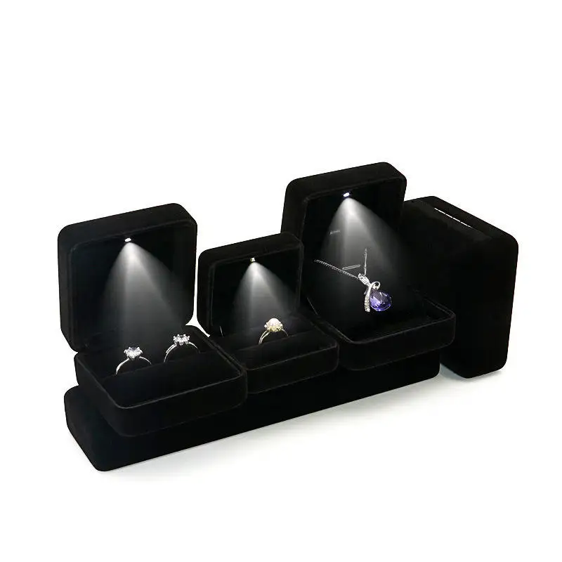High End Velvet Gift Jewelry Packaging Boxes with LED Light and Custom LOGO 5 Colors Necklace Ring Jewellery LED Boxes