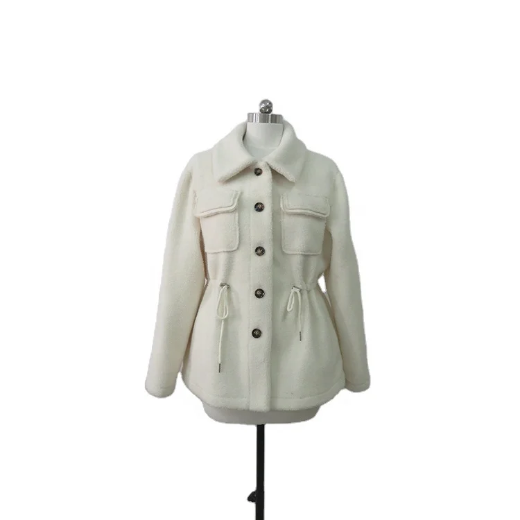 Short lamb velvet double pockets adjustable waist rope casual jacket