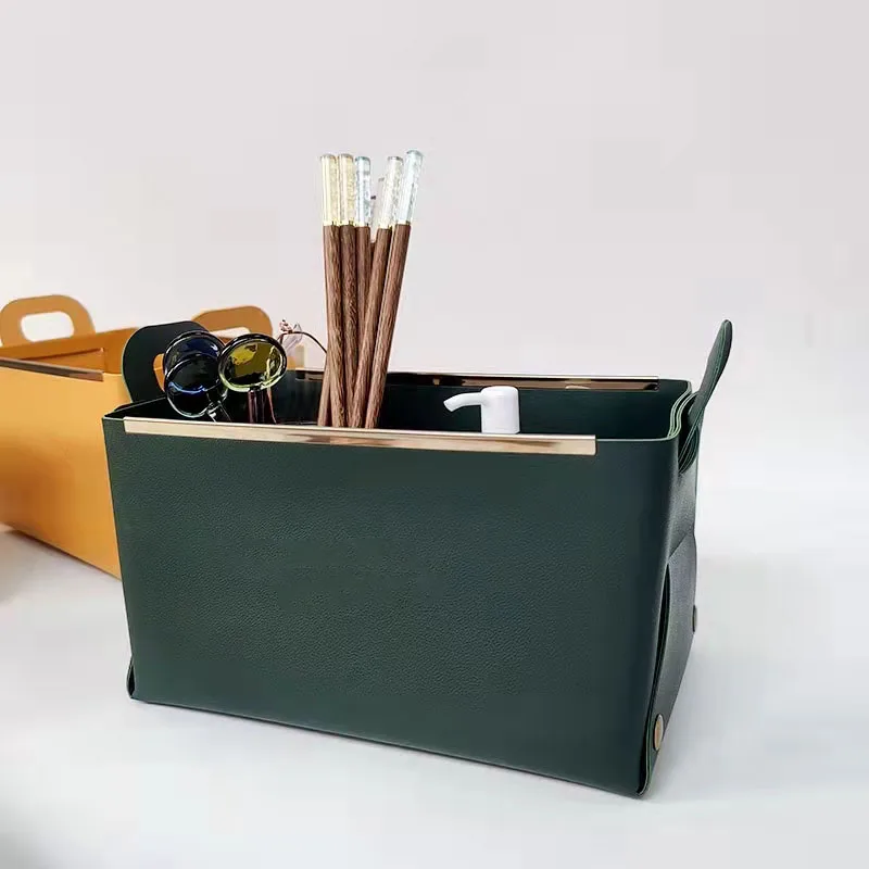 Desktop PU Leather Storage Box Foldable Sundries Storage Basket Leather Metal Tray With Handle Home Decor