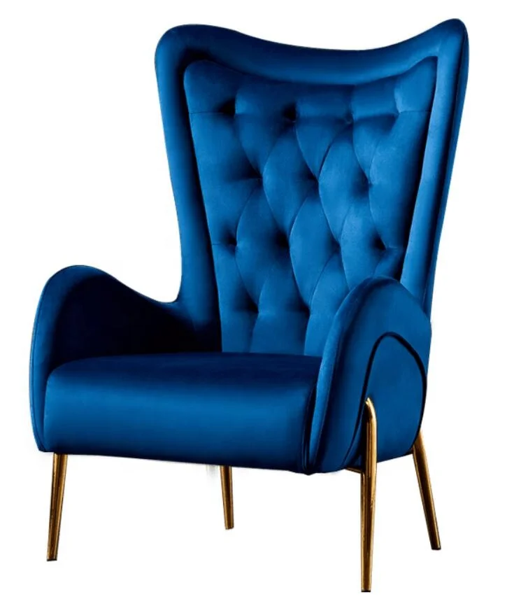 Luxury Hotel Hall Lobby Classic Design Wing Back Armchair Sofa Chairs Velvet Fabric Gold Stainless Steel Tufted Lounge Chair