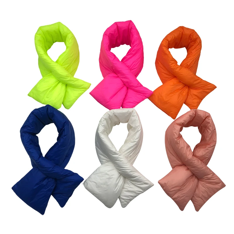 
Wholesale space cotton winter warm scarf inside down feather filled one-tone bright color scarf intersect puffer loop scarf 