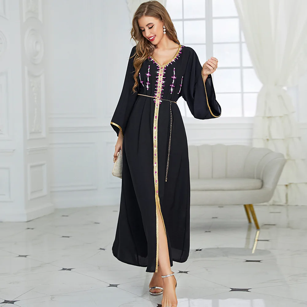 SIPO New Arrival EID Polyester Plain Abaya Women Muslim Islamic Clothing Dubai Black Hand Sewn Stones Casual Dresses Marocain