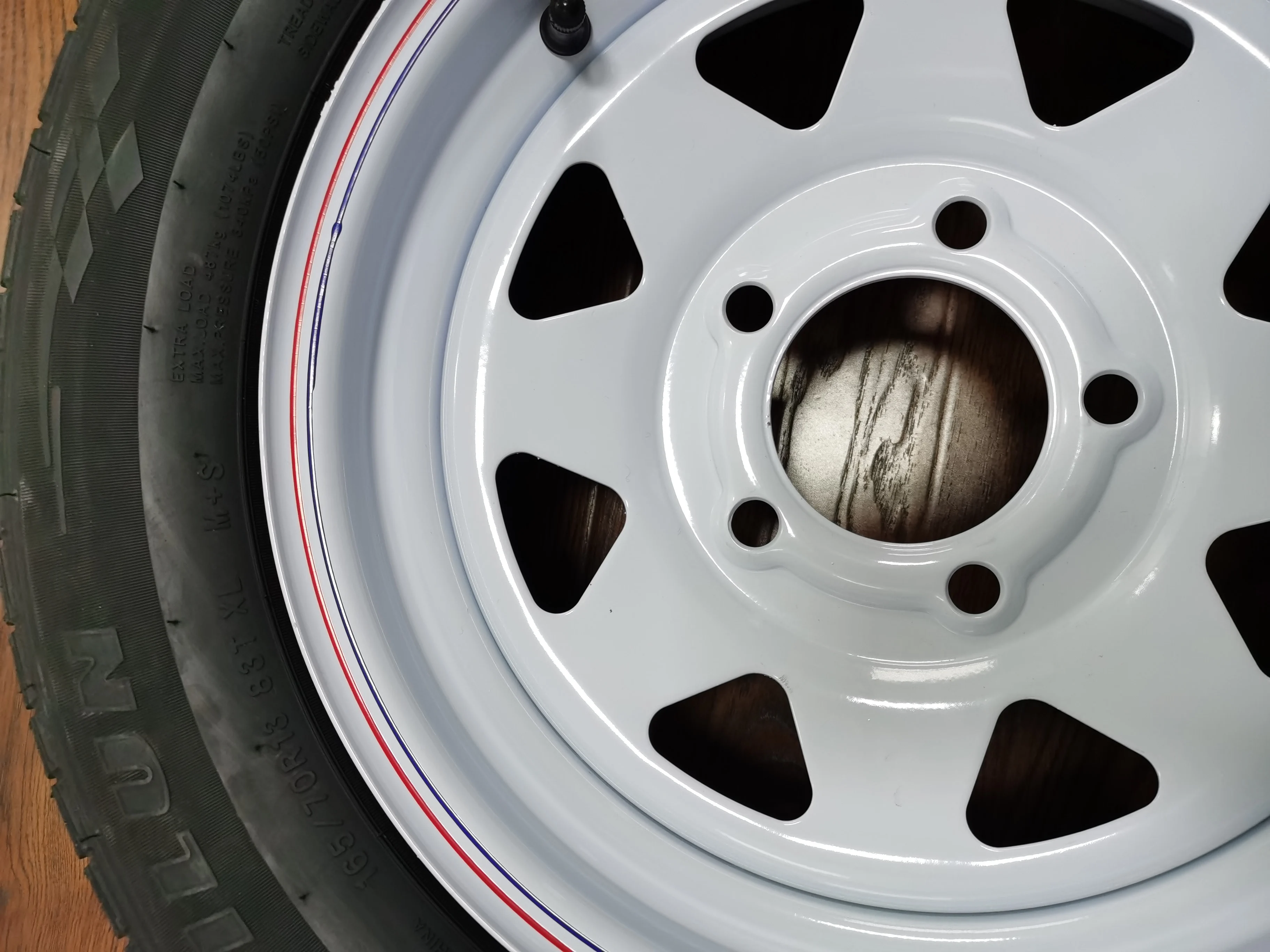 Trailer Tire and Wheel 4.80 x 12 B/5-Hole - White Pinstripe Spoke Rim