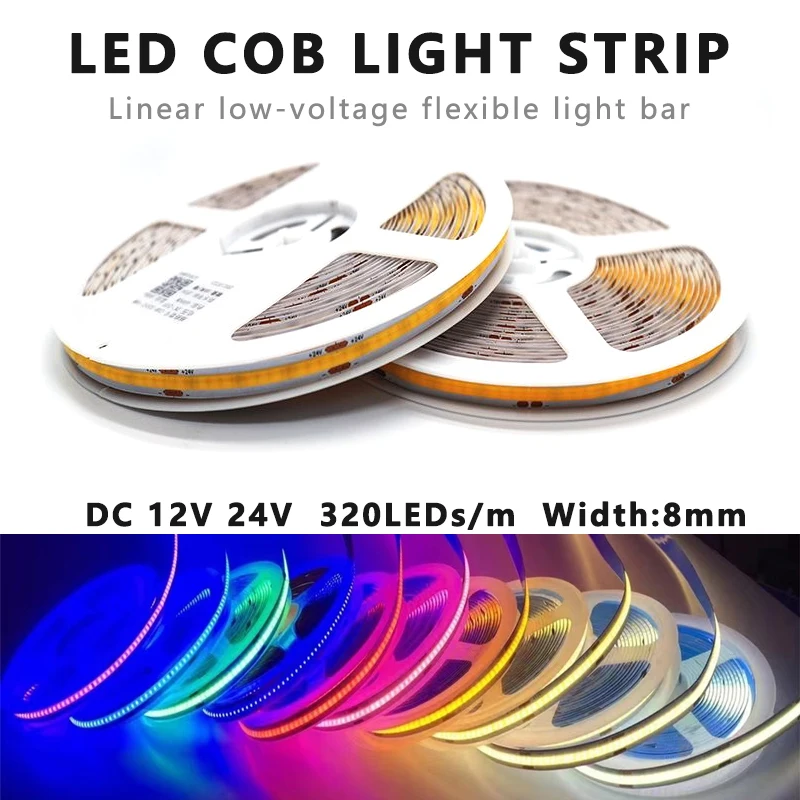 5m 10m DC 12V 24V COB Flex Light Strip 320 LEDs/m Single Color White Warm Natural Red Green Ice Blue Pink Purple Golden Yellow