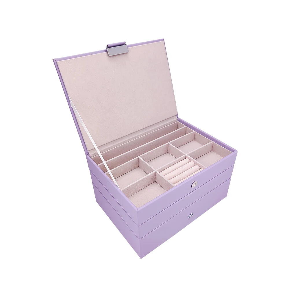 Mexda Purple Princess Wind Leather Jewelry Box Organizer Large Capacity Ring Earrings Necklace Storage Three Layers for Girls