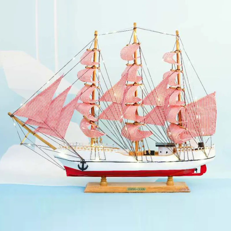 60cm Beach Mediterranean Nautical Home Desk Decor Wood Crafts Wooden Sailboat Boat Sail Ship Model with Lamp