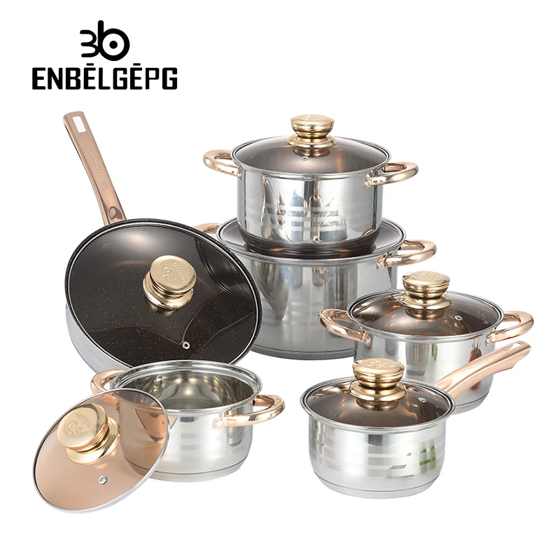 Manufacturer Wholesale 12pcs Non Stick Stainless Steel Kitchenware Set Cooking Pot Cookware Sets with Glass Lid