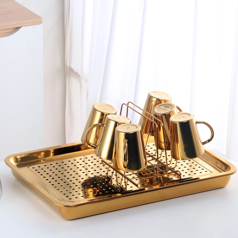 BAISHI Metal Drainage Tray Stainless Steel Rectangular Tea Tray Serving Tray With Holes